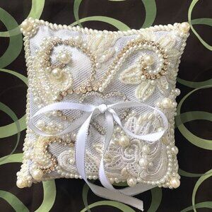 Bridal Wedding Ring Pillow White-silver with beads & rhinestones. New. Handwork